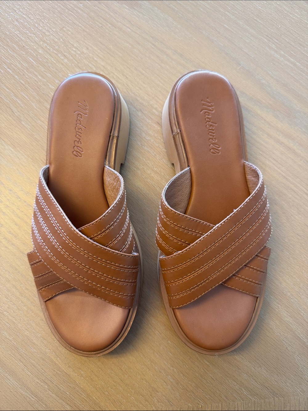 Madewell Tan Leather Cross-Band Slide Sandals